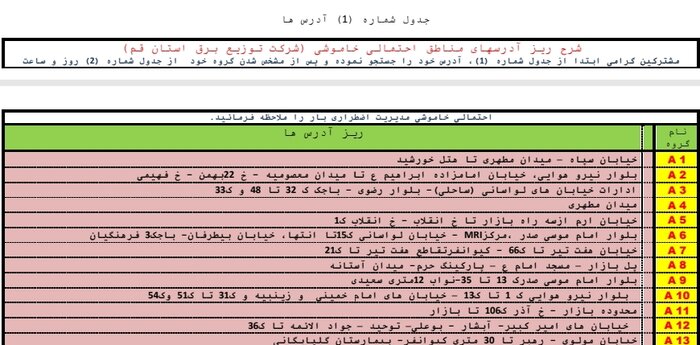 برنامه خاموشی قم در 18 شهریورماه